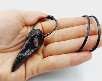 Electroformed Crow Skull Necklace with Amethyst Crystal Eyes (Copper)