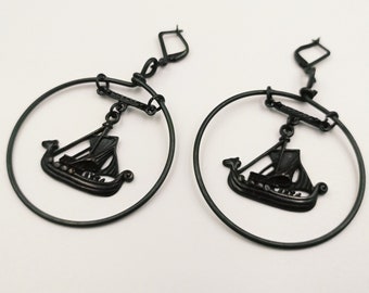 Black Steel Viking Ship Earrings (Black Copper)