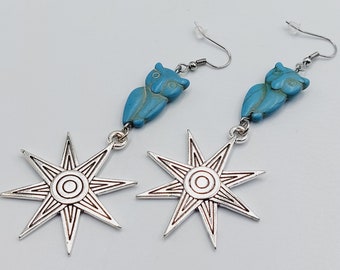 Star of Inanna / Ishtar Earrings with Turquoise Owls