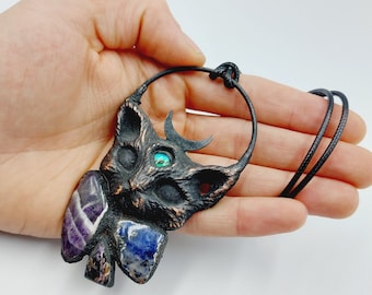 Electroformed Third Eye Cat Pendant with Amethyst, Sodalite & Chaorite Crystal (Copper)