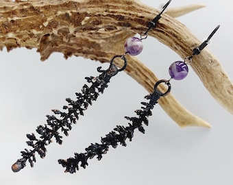 Yarrow Earrings with Amethyst Crystals (Electroformed Copper)