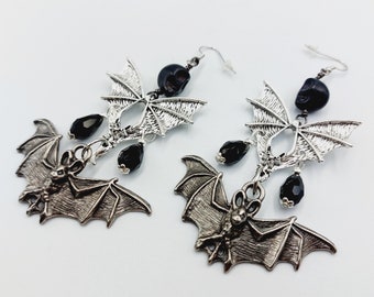 Gothic Double Bat Skull Earrings