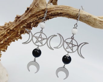 Hecate Triple Moon Goddess Earrings (Stainless Steel / Goldsheen Obsidian & Moonstone Crystals)