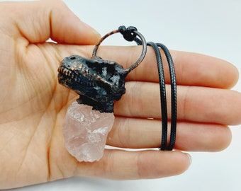 Electroformed T-Rex Sculpted Skull Necklace with Rose Quartz Crystal (Copper) - electroforming raw gemstone dino girl pink pastel goth gift