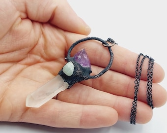 Amethyst, Amazonite & Crystal Quartz Necklace (Electroformed Copper)