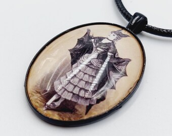 Victorian Bat Lady in Costume Pendant- Victorian lady oval glass cabochon necklace black bat carnaval costume Gothic goth gift necklace