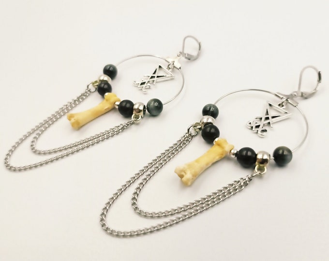 Sigil of Lucifer Coyote Bone Earrings with Shungite & Tigereye