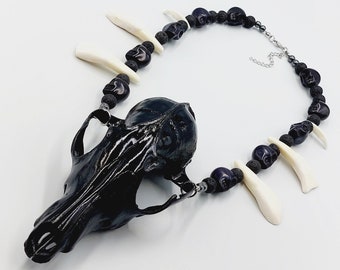 Ritual Skull & Teeth Necklace with Black Skullbeads and Lavastone