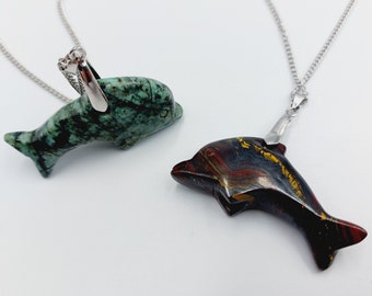 Crystal Dolphin Pendant (2 Options - African Turquoise / Tigereye)