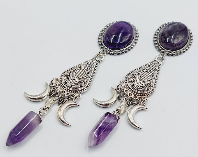 Long Crescent Moon Amethyst Plugs  - Size 10mm