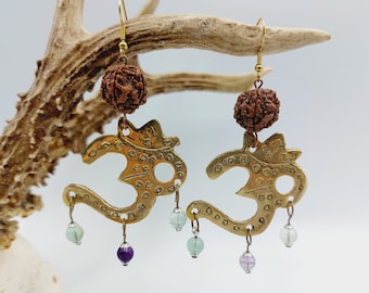 Universal Sound Rudraksha Earrings with Rainbow Fluorite ॐ