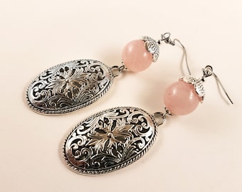 Rose Quartz Oval Ornament Earrings