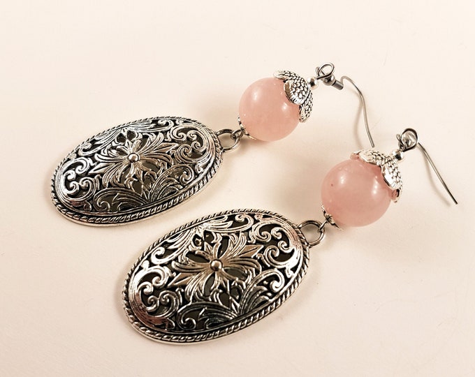 Rose Quartz Oval Ornament Earrings