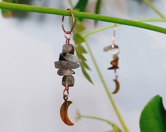 Labradorite Crystal Plant Charms with Crescent Moon (Copper Energetic Plant Accessories)