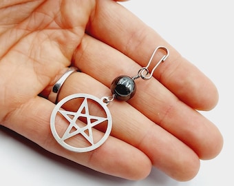 Inverted Pentagram Dog or Cat Collar Charm with Hematite Gemstone ( Clip On / Add On)