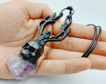 Electroformed Cernunnos Skull Necklace with Amethyst Crystal (Copper)