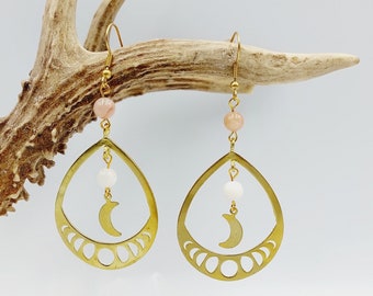 Salem Crescent Moon Phase Witch Earrings with Morganite & Moonstone