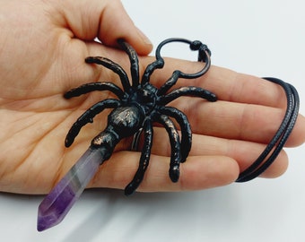 Araneae Spider Necklace with Amethyst Crystal Hexagonal Shard (Electroformed Copper)