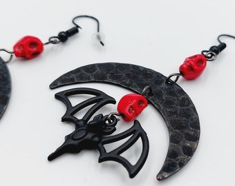 Gothic Vampire Bat Skull & Moon Earrings