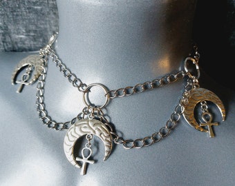 Triple Ankh Crescent Chain Choker