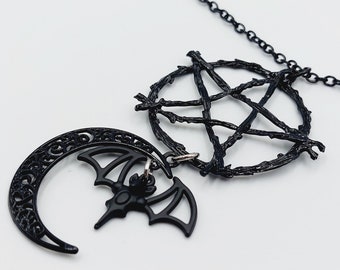 TradGoth Bat Pentagram Crescent Necklace