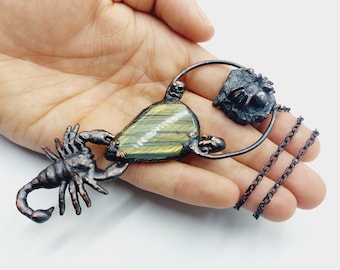 Arachnida Necklace with Labradorite & Black Tourmaline Crystal (Electroformed Copper)