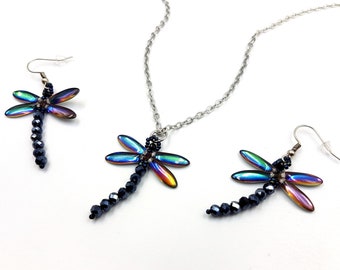 Rainbow Dragonfly Beaded Earrings & Necklace Set