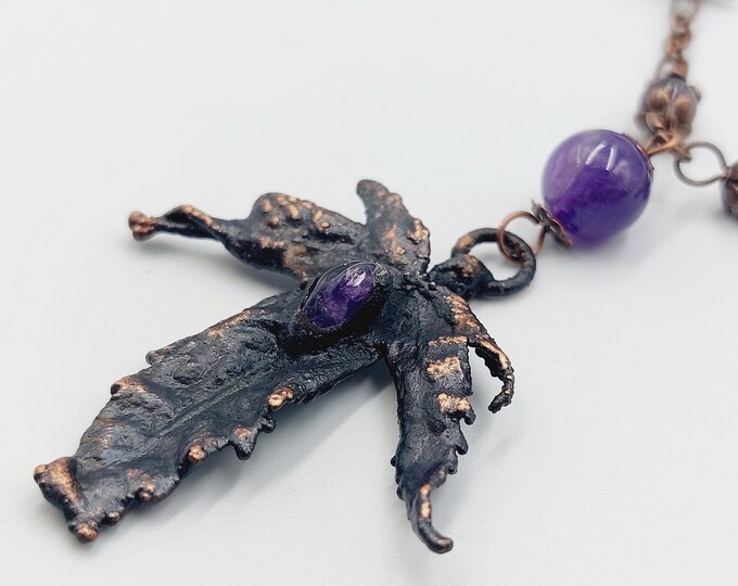 Platanus Leaf Amethyst Crystal Necklace (Electroformed Copper)