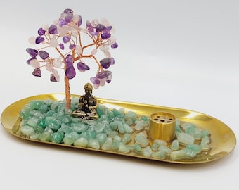 Buddha Tree Incense Stick Holder / Burner with Amethyst & Green Aventurine Crystals