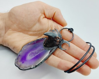 Electroformed Raven Necklace with Purple Agate (Copper)