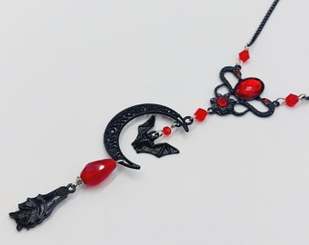 Elegant Victorian Bat & Serpent Necklace with Red Rhine Stones