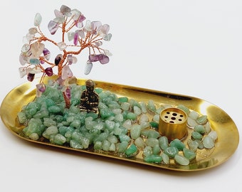Buddha Tree Incense Stick Holder / Burner with Rainbow Fluorite & Green Aventurine Crystals