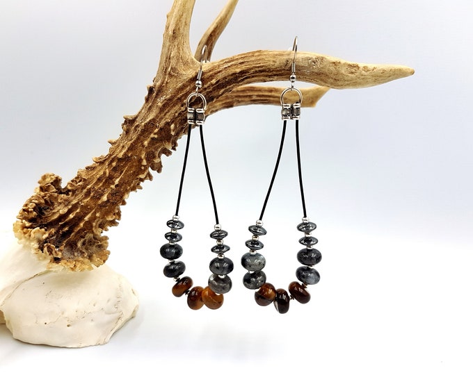 Labradorite, Tigereye & Hematite Gemstone Loop Earrings