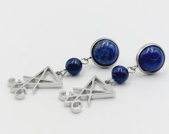 Sigil of Lucifer Earstuds with Lapis Lazuli Crystal (Stainless Steel)