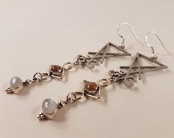 Sigil of Lucifer Sunstone & Rainbow Moonstone Earrings ( Sterling Silver 925 )