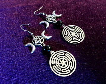 Hekate’s Wheel (Strophalos) Inverted Pentagram Earrings