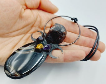 Electroformed Crow Necklace with Onyx, Amethyst & Tigereye Crystal (Copper)