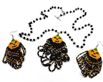 Pumpkin Halloween Beaded Necklace & Earrings Set