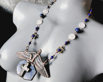 Goddess Isis Necklace with Lapis Lazuli & Quartz Crystals (Electroformed Copper)