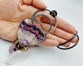 Moon Necklace with Rainbow Fluorite, Amethyst & Mountain Quartz Crystal (Electroformed Copper)