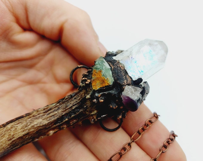 Crystal Wand Antler Necklace (Electroformed Copper)