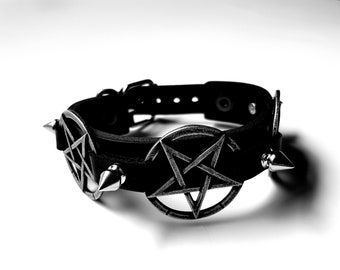 Black Leather Inverted Pentagram Bracelet