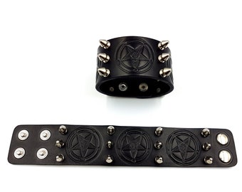 Black Leather Sigil of Baphomet Stud Bracelet