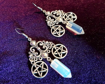 Opal Pentagram Witch Earrings