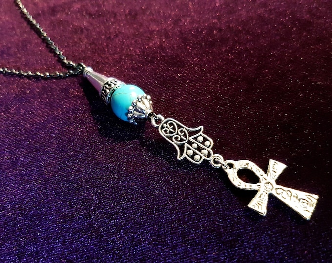 Protection Ankh & Hamsa Hand Rear View Mirror Charm (Car Accessory)