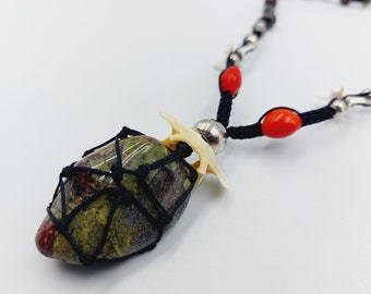 Dragon Blood Jasper Necklace with Raven Vertebrea & Mink Bones