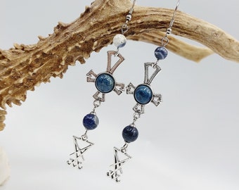 Sigil of Lucifer Inverted Cross Sodalite Crystal Earrings