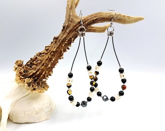 Loop Earrings with Bone beads, Black and Orange Agate & Hematite Stones