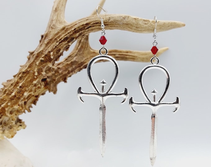 Vampire Ankh Earrings with Bloody Red Beads (Large Version)