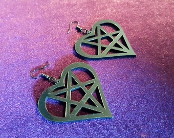 Black Heart Inverted Pentagram Earrings